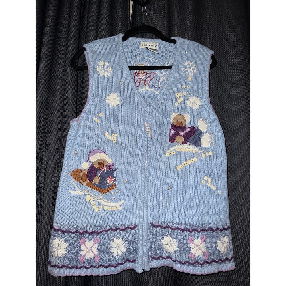 Ugly Christmas Sweater Blue Vest with Bear Design